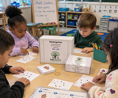 Four kindergarten students at a table sorting Circle Cards, with the Kindergarten v.360 kit boxes open beside them and a Math Centers chart on the wall behind.