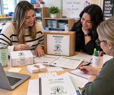 Three teachers planning together at a classroom table, the Kindergarten v.360 kit boxes open in front of them alongside the IM&reg; v.360 Kindergarten Teacher Guide and marked-up planning notes.