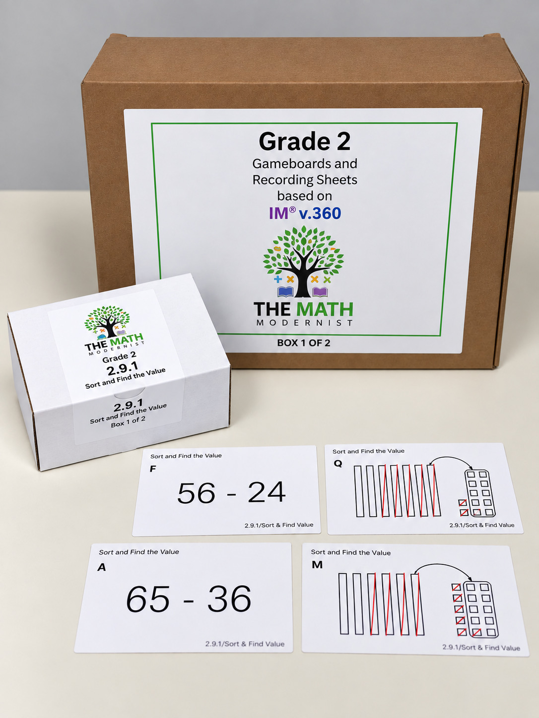 Grade 2 kit as delivered, boxes labeled by grade and lesson.