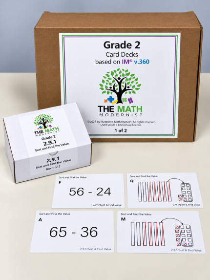Grade 2 math card decks from The Math Modernist: kit box, deck 2.9.1 Sort and Find the Value, and cards for two-digit subtraction with base-ten diagrams