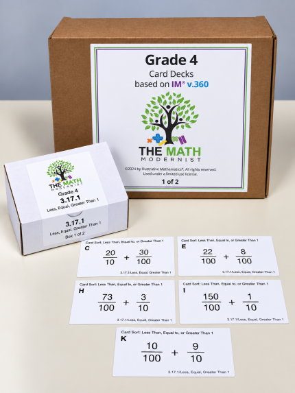 Grade 4 math card decks from The Math Modernist: kit box, deck 3.17.1 Less, Equal, Greater Than 1, and cards adding tenths and hundredths fractions