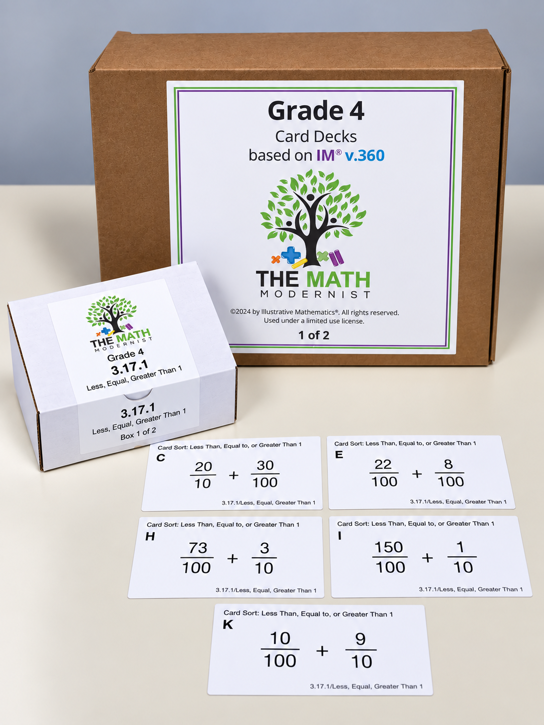Grade 4 360 Cards Grade 4 math card decks from The Math Modernist: kit box, deck 3.17.1 Less, Equal, Greater Than 1, and cards adding tenths and hundredths fractions
