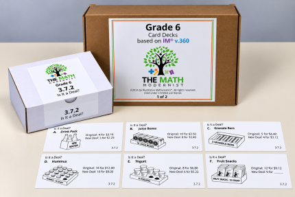 Grade 6 math card decks from The Math Modernist: kit box, deck 3.7.2 Is It a Deal?, and six cards comparing unit prices for snacks and drinks