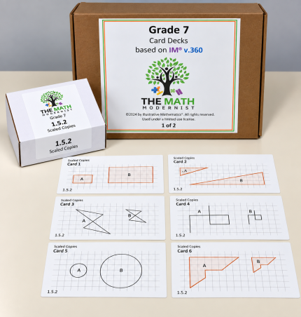 Grade 7 math card decks from The Math Modernist: kit box, deck 1.5.2 Scaled Copies, and grid cards comparing pairs of shapes for scale factor